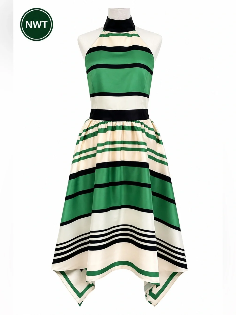 Troubadour Green Stripe Asymmetrical Halter Dress NWT